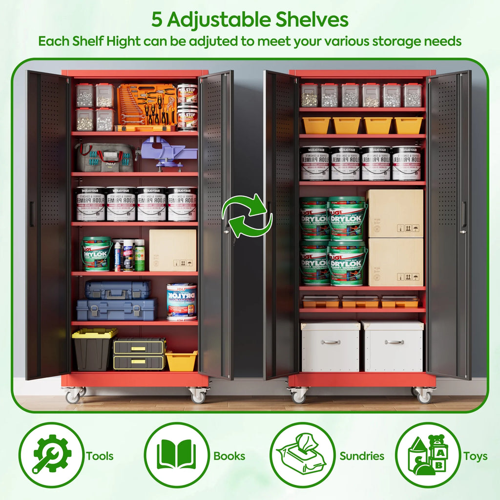 SUPEER Metal Rolling Storage Cabinets with Locking Doors and 5 Adjustable Shelves, Steel Garage Storage Cabinet for Garage, Office, Classroom, Assemble Required(Black)
