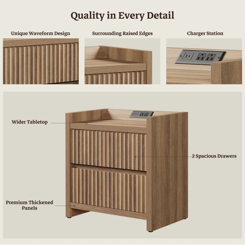 SICOTAS 25.4" Wide Nightstand Set of 2 with Charging Station, Modern Night Stand  with  2 Fluted Dresser & Handle-Less Storage Farmhouse Bed Side Table  for Bedroom, Natural Oak