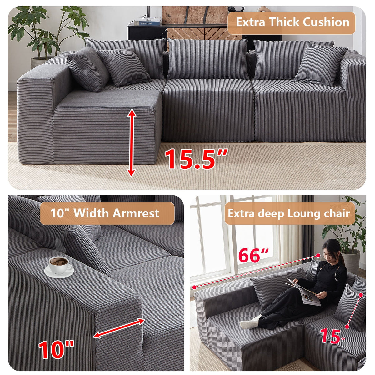 104-Inch Corduroy Modular L Shaped Sectional Sofa,Luxury Floor Couch Set,Upholstered Indoor Furniture,Foam-Filled Compressed Sofa for Living Room,Bedroom,4 PC Free Combination  ?