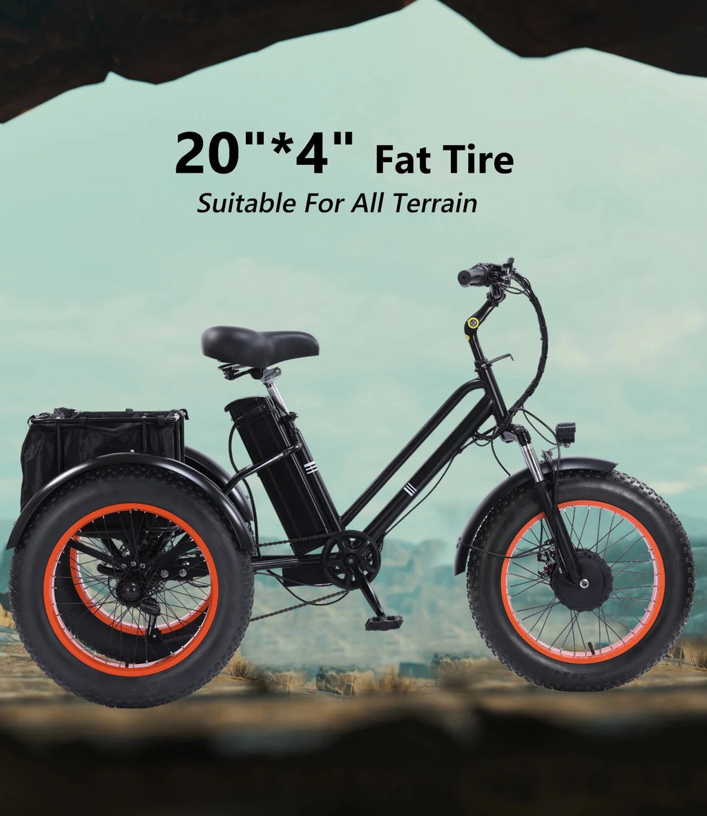 YEBEI Electric Tricycle for Adults Folding E-Trike Motorized Tricycle Electric 3 Wheels Trike Powerful 500W Motor Electric Tricycle 48V15AH Lithium Battery Max 20MPH 20*4.0�� Fat Tire Orange