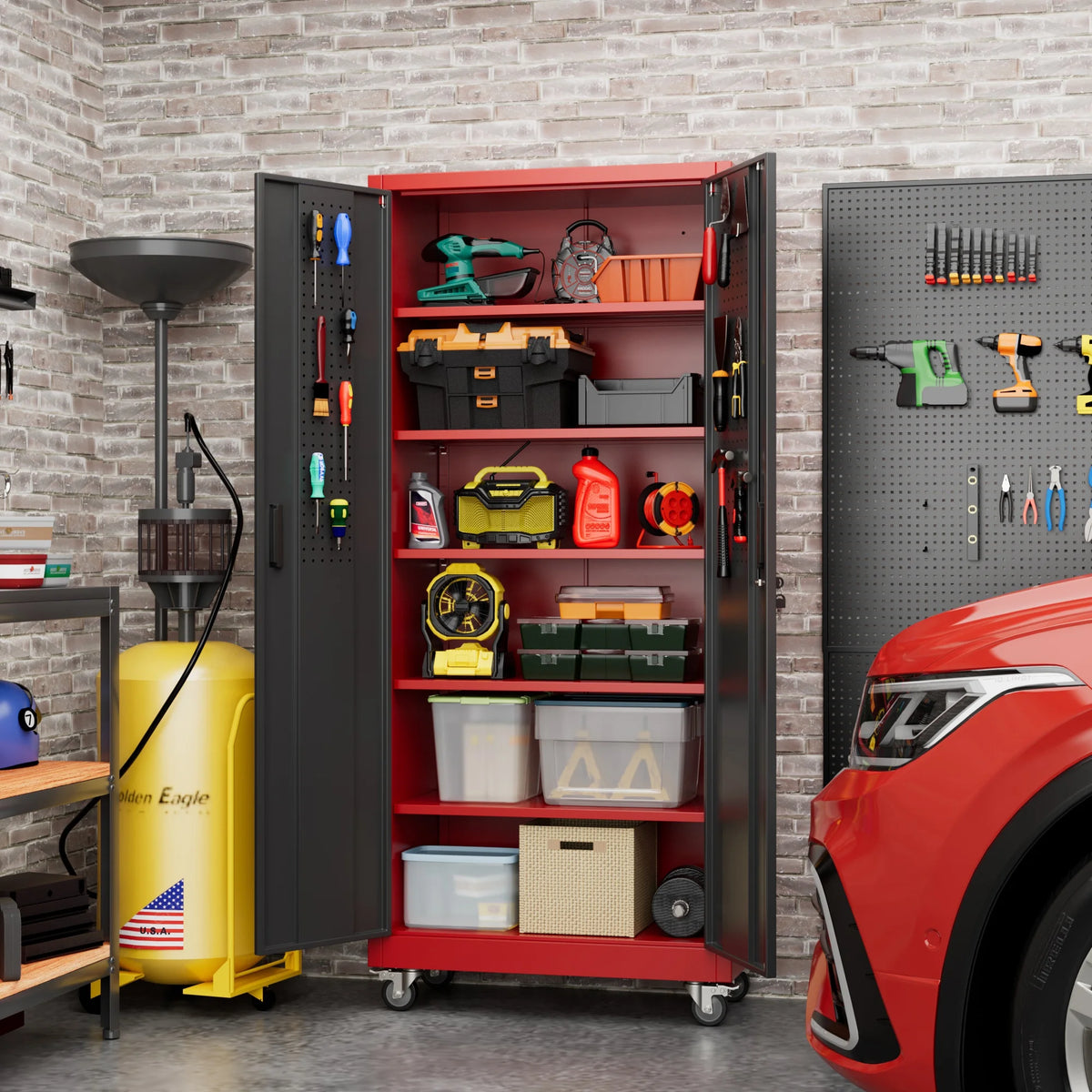 SUPEER Metal Rolling Storage Cabinets with Locking Doors and 5 Adjustable Shelves, Steel Garage Storage Cabinet for Garage, Office, Classroom, Assemble Required(Black)