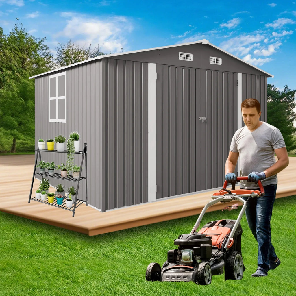 10 x 8 FT Outdoor Storage Shed, Large Metal Storage Shed, Lockable Door and Air Vent, Clear Window Garden Tool Shed for Bicycles, Tools, Lawnmowers, Backyards, Patios, Lawns - Gray