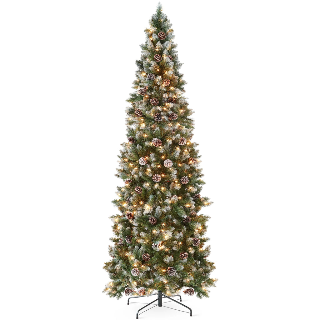 Best Choice Products 6ft Pre-Lit Partially Flocked Pencil Christmas Tree w/ 250 Lights, Pine Cones, Foldable Stand
