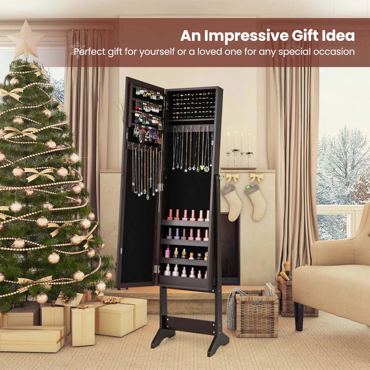 Costway Jewelry Mirrored Cabinet Armoire Organizer Storage Box w/ Stand Christmas Gift