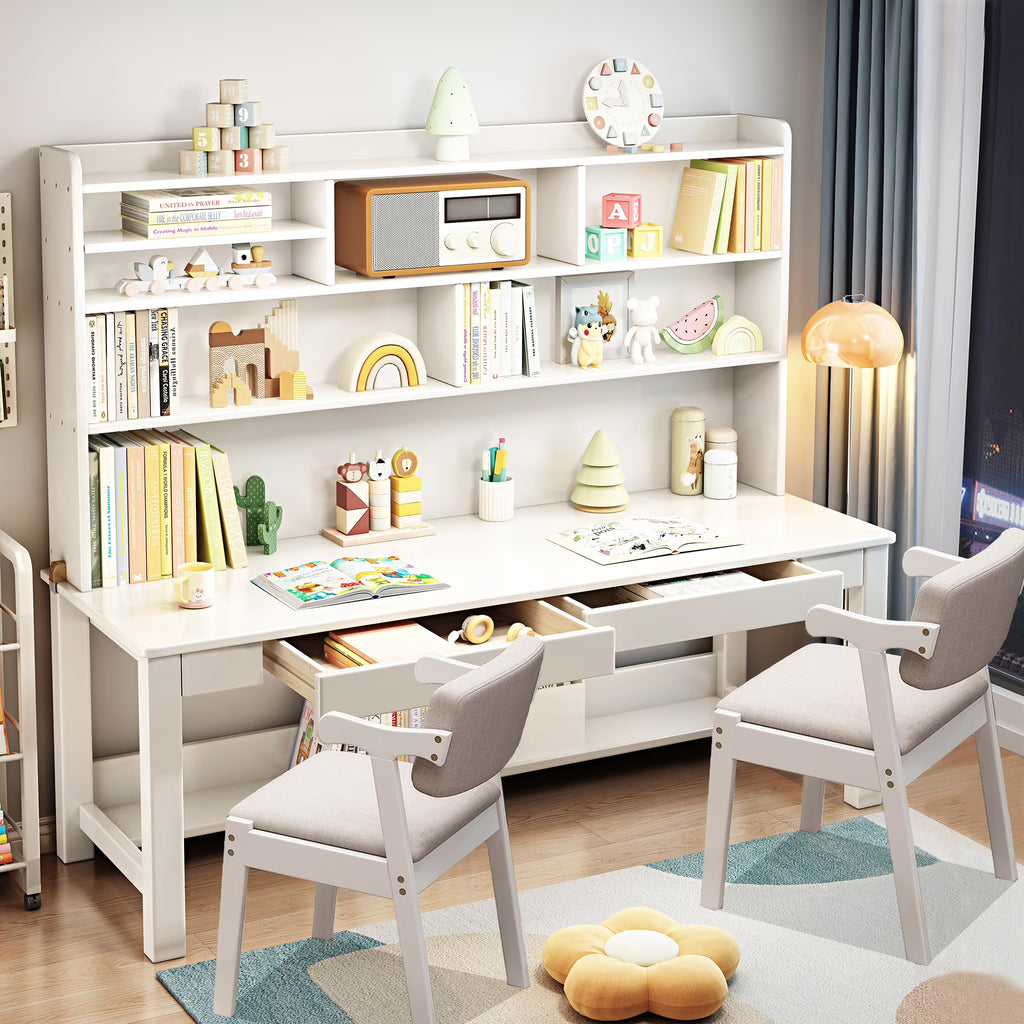 BALANBO Solid Wood Kids Desk and Chair Set with Hutch,Study Computer Desk with Drawers, Extra Large Two Person Study Desk Writing Table, Student White Desk with Bookshelf for Bedroom,Study Room,White