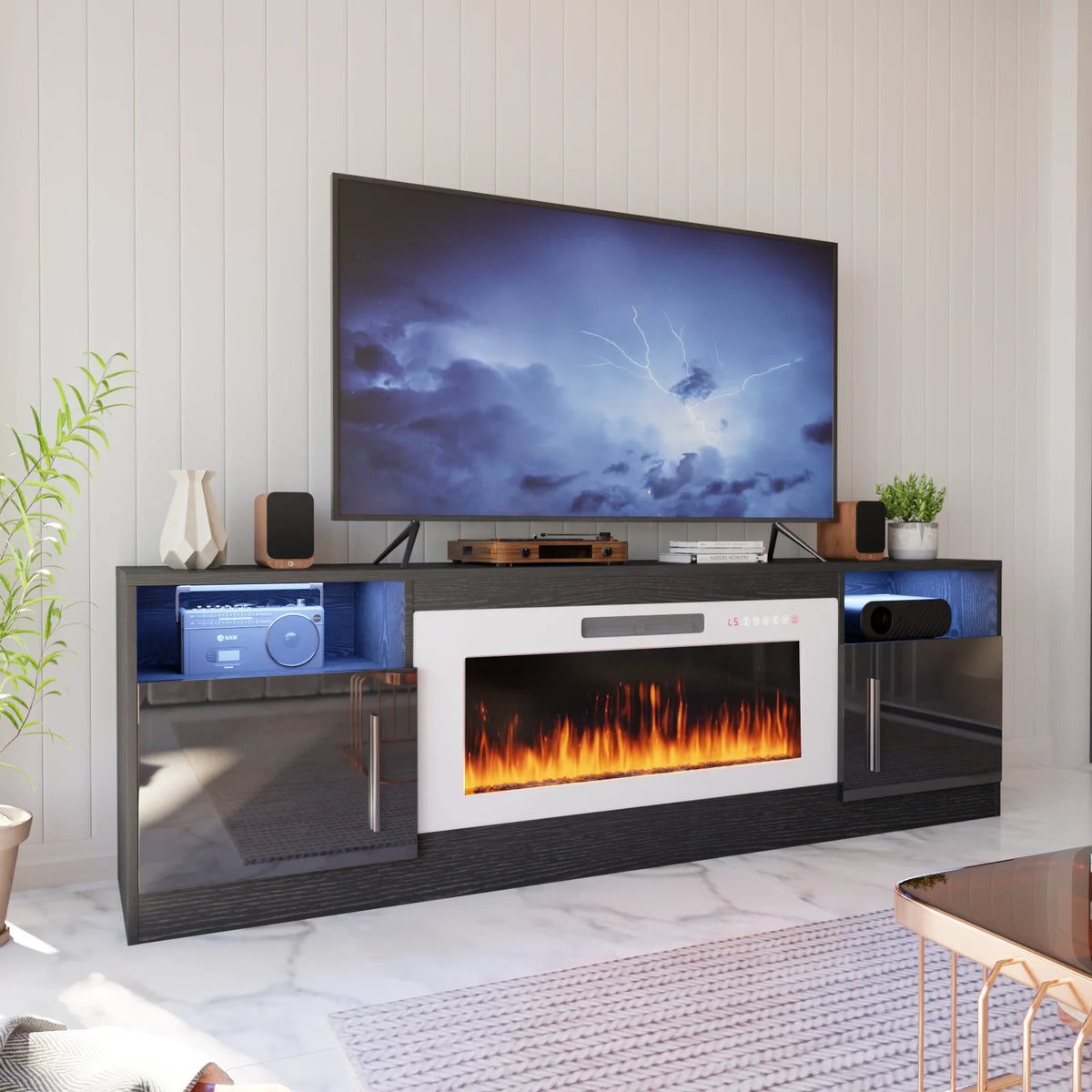 Waleaf Fireplace TV Stand with 36" Electric Fireplace Up to 80" TVs, Modern Wood Media TV Console with Highlight Cabinet, White
