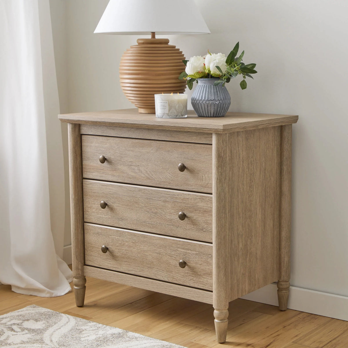 My Texas House Monroe 3 Drawer Nightstand with USB, Brushed Oak Finish