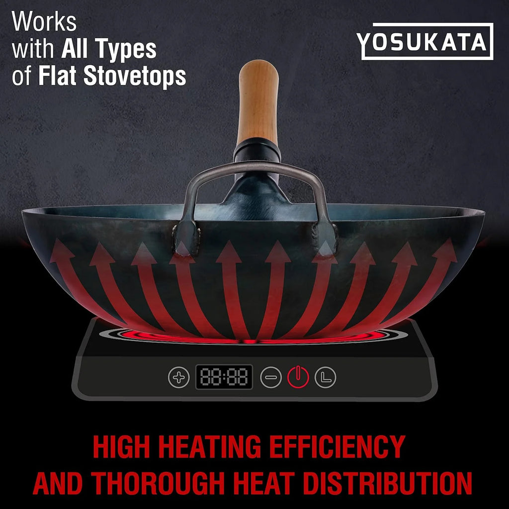 YOSUKATA 13.5" Carbon Steel Wok Pan �C Pre-Seasoned Flat Bottom Wok for Stir Fry, BBQ & Camping �C Works with Induction, Gas, Electric & Open Fire