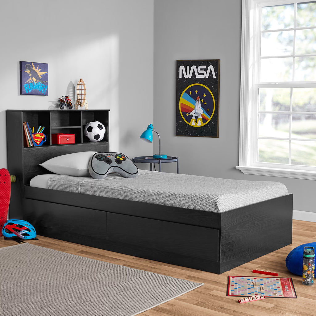 Your Zone Easy to Assemble Storage Bed with Bookcase Headboard, Twin, Natural Teak Finish