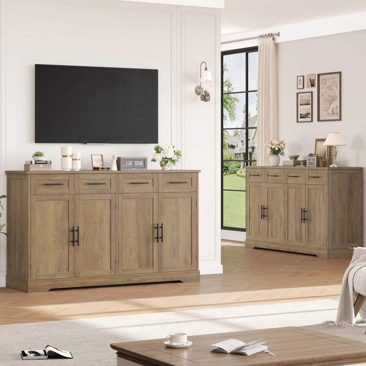Homfa Farmhouse Buffet Cabinet with 4 Drawers and 4 Doors, 59" W Sideboard Buffet Storage Cabinet with Shelves, for Kitchen Living Room Bedroom, Wash Gray
