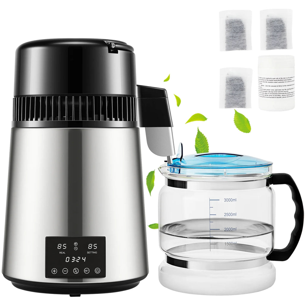 KFFKFF Water Distiller Distilled Water Maker Machine 4L/1.1Gal  0.3Gal/H Output, 750W Power, 0-99H Adjustable Timing