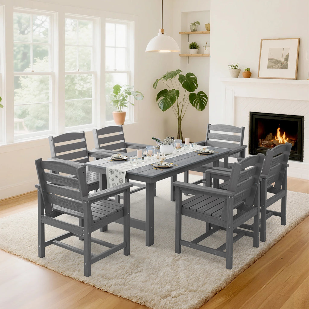 KINGYES 7-Piece Outdoor Dining Set, HDPE Patio Table and Chairs with Umbrella Hole, Gray