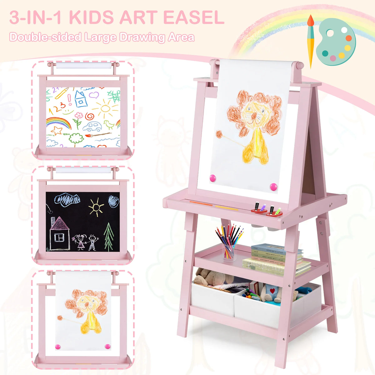 LINLUX 3 in 1 Art Easel for Kid, Whiteboard for Kid with Stand, Magnetic Chalkboard Pizarra, Grey