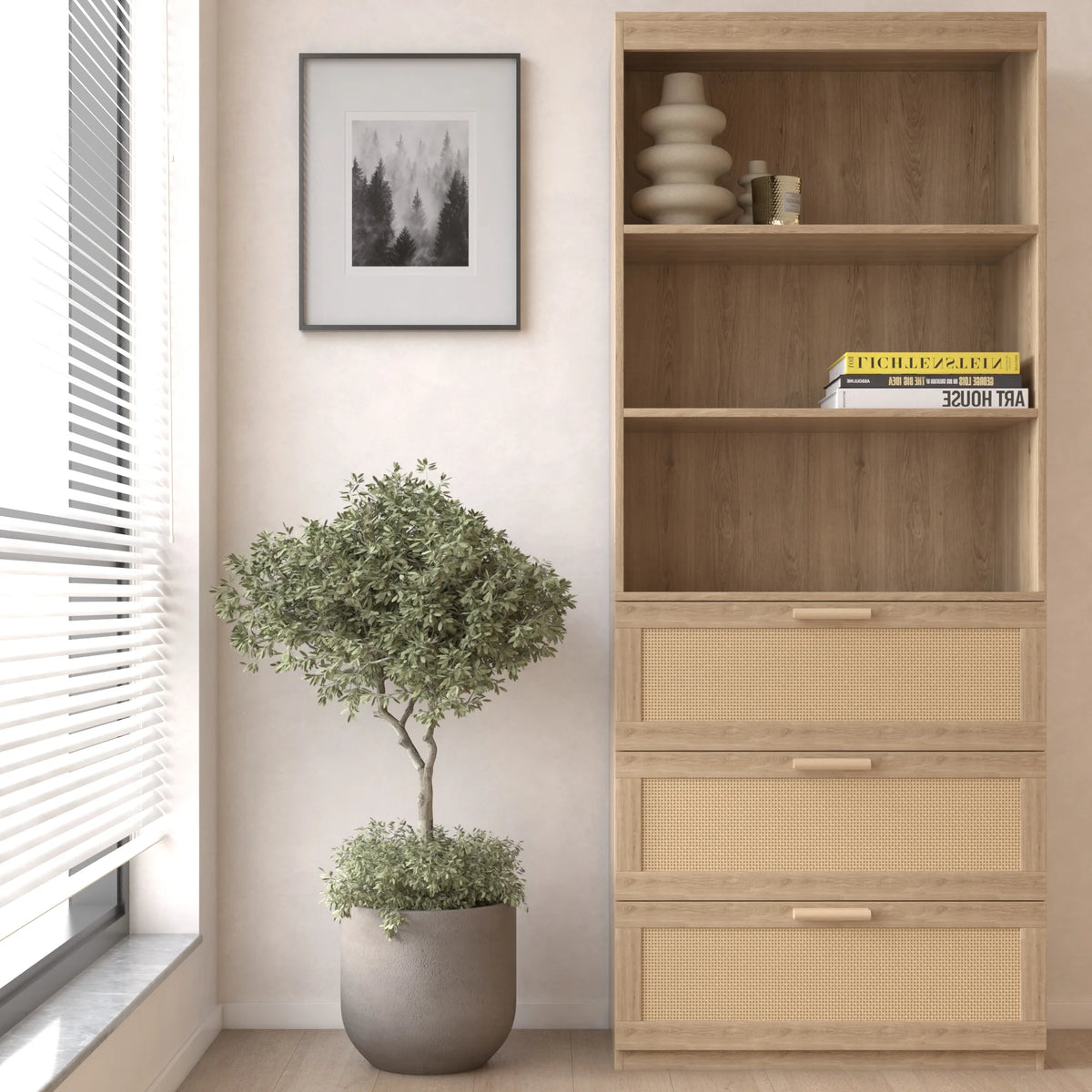 Zimtown Rattan 5-Shelf Bookcase with Drawer, 3 Tier Open Bookshelf with Storage Cabinet, Home Decor Furniture for Home Office, Living Room, Bedroom