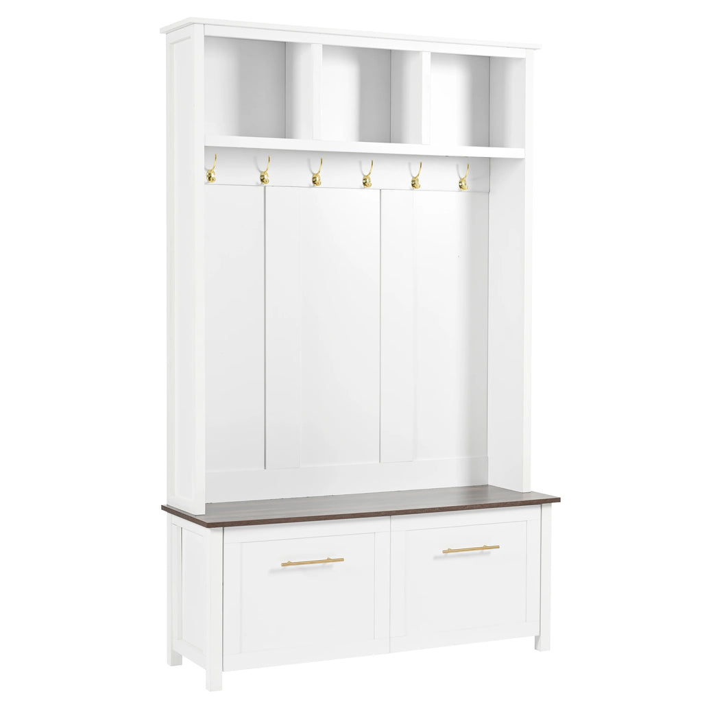 Harper & Bright Designs Farmhouse Hall Tree with Bench and Shoe Storage, Mudroom Bench with Coat Rack and Adjustable Shelves for Hallway, Living Room, White
