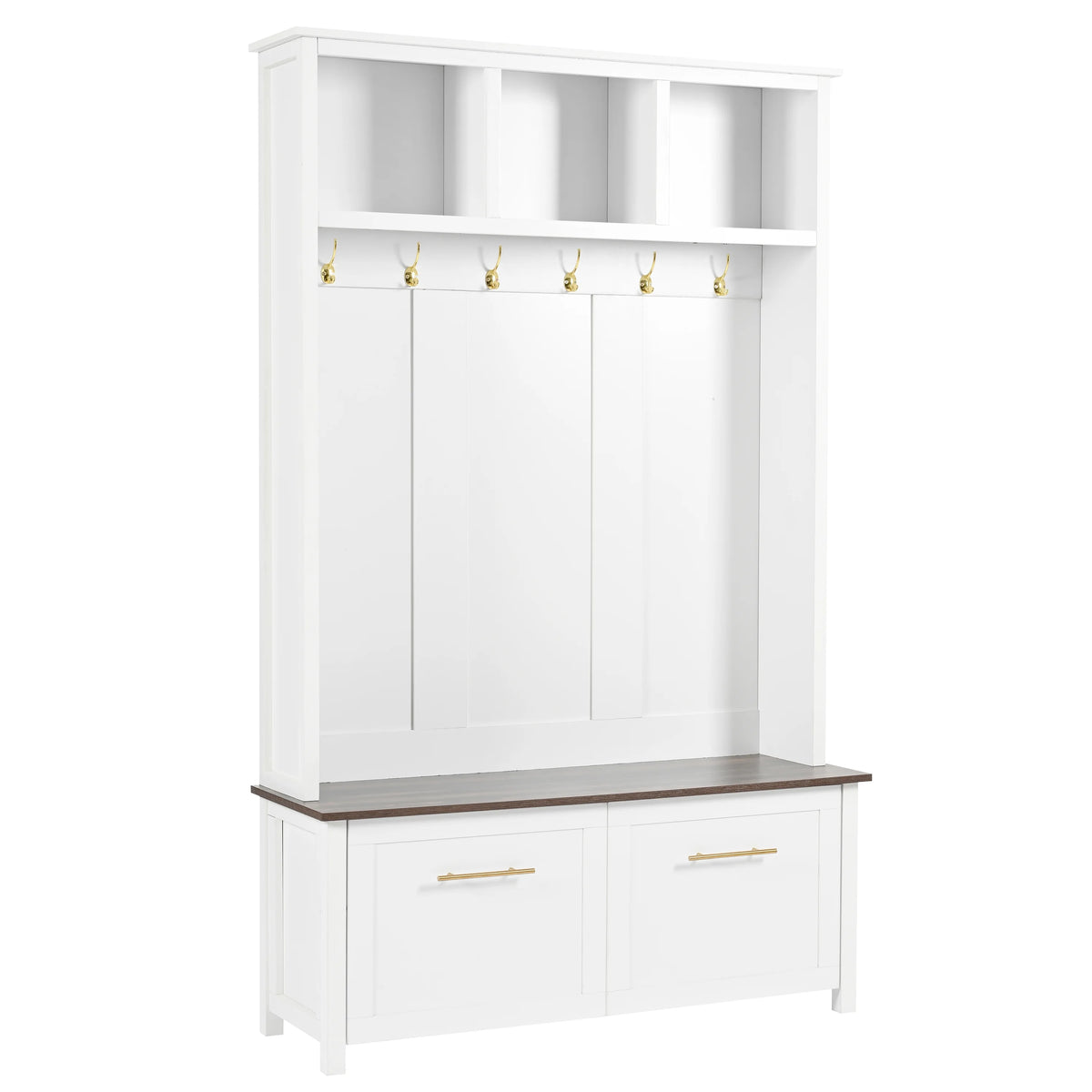 Harper & Bright Designs Farmhouse Hall Tree with Bench and Shoe Storage, Mudroom Bench with Coat Rack and Adjustable Shelves for Hallway, Living Room, White