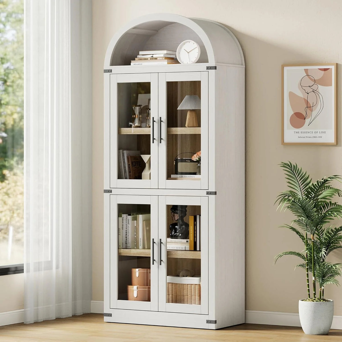 Arched Cabinet Tall Kitchen Pantry, Farmhouse Storage Cabinet Arch Hutch Cabinet, Large Bookshelf with Doors, Arched Bookcase with Cabinet, 5 Tier Kitchen Cabinet for Dining Room