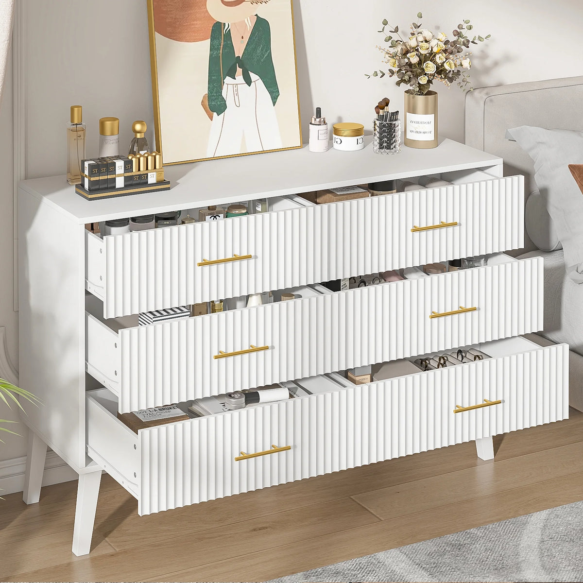 Fluted 6 Drawers Dresser, Wide Modern Chest of Drawers, 6 Drawer Double Dresser