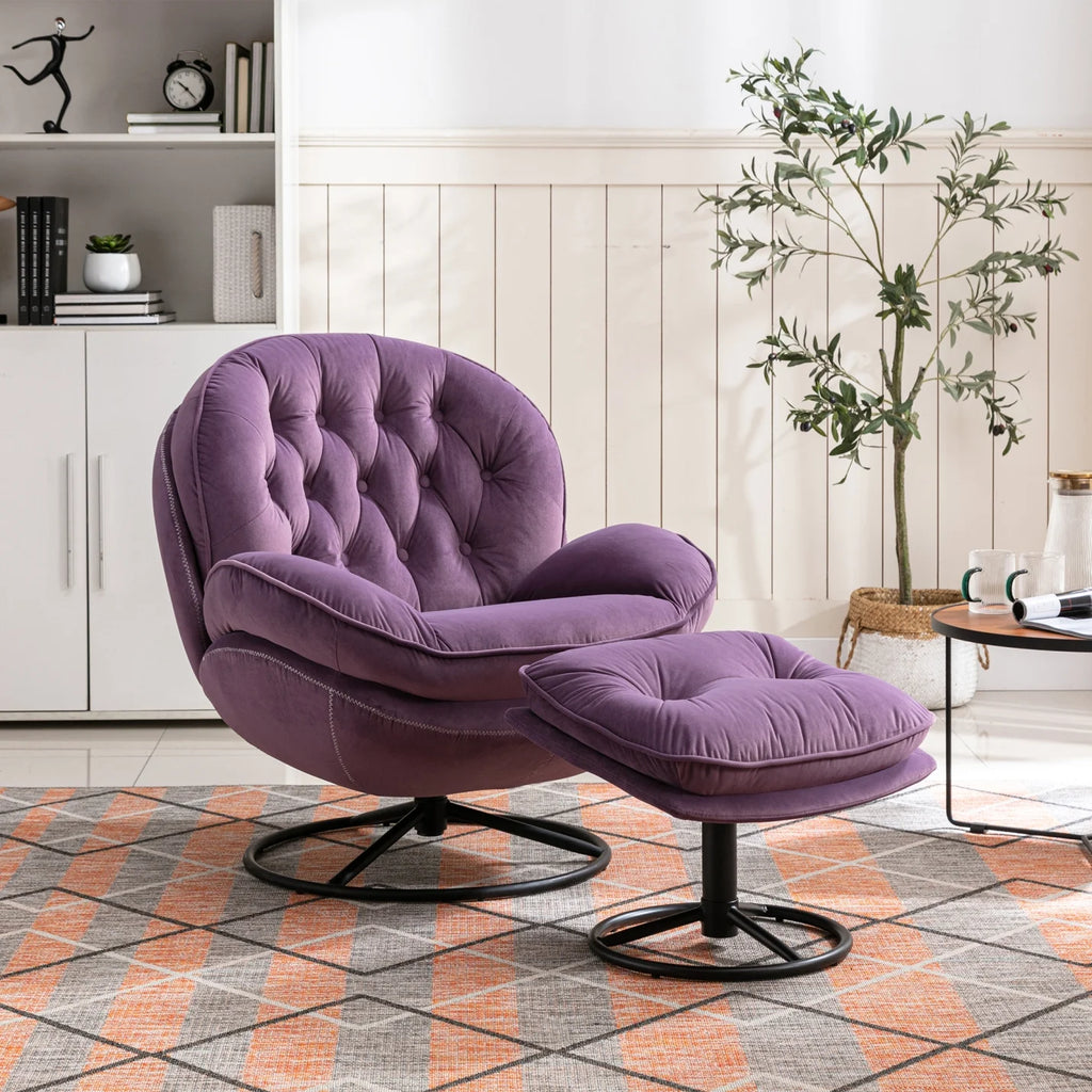 Velvet Swivel Accent Chair with Ottoman, Modern Chaise Lounge Chair with Metal Frame and Footstool, Comfy Armchair Reading Chair for Living Room Bedroom Office,Blue