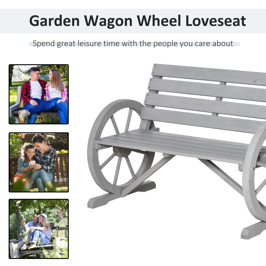 Outsunny Wooden Wagon Wheel Bench Rustic Outdoor Patio Furniture, 2-Person Seat Bench with Backrest Carbonized