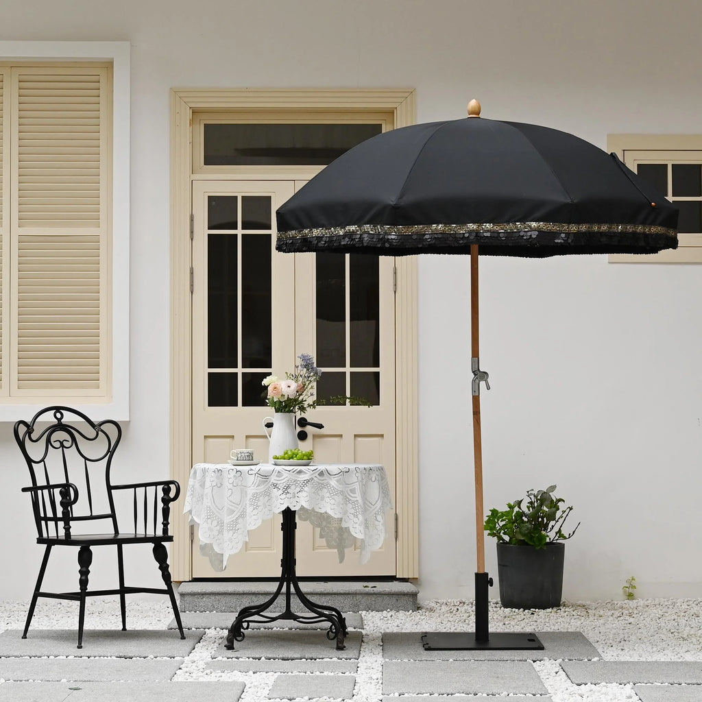 LAGarden 6 Ft Fringe Patio Umbrella with Tassel Jazz Age Wood UPF50+ for Outdoor, Beige with gold tassel,Model: JZ6-01