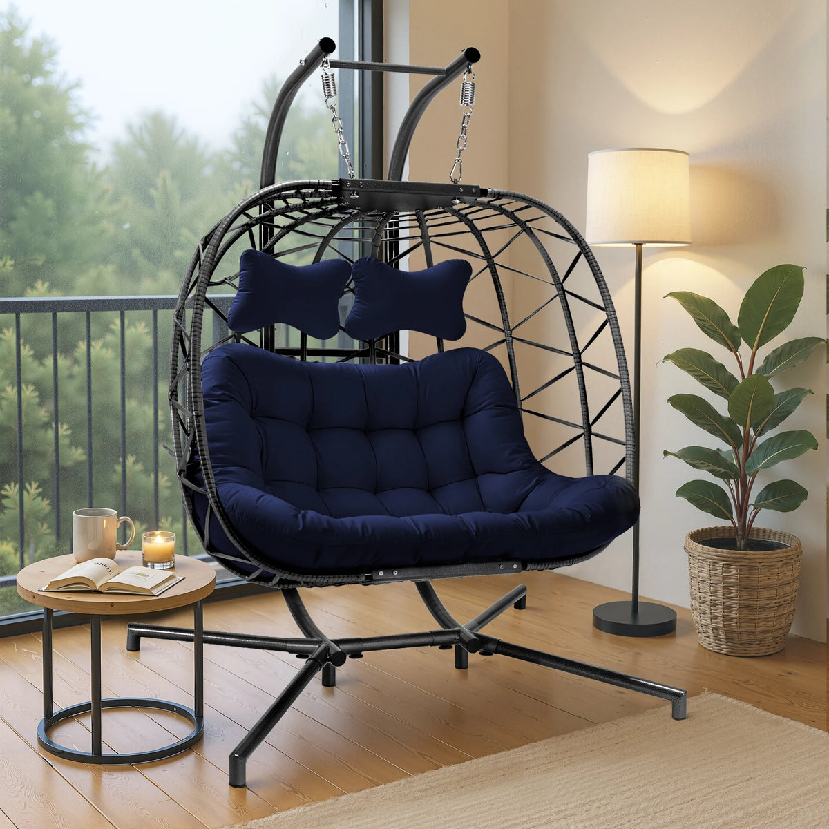 RADIATA Double Wicker Egg Swing Chair with Stand, 2-Person Hanging Egg Chair for Indoor/Outdoor, 700lbs Capacity, Thick Cushions & Headrest,Sturdy Metal Frame��Dark Gray