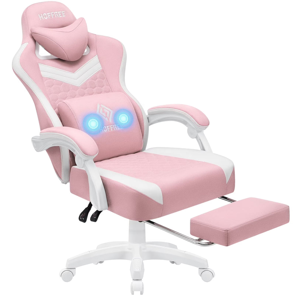 Hoffree Gaming Chair with Massage Fabric Office Chair with footrest for Adults, Ergonomic Gamer Chair with Headrest and Lumbar Support for Office Gaming, 440 LBS