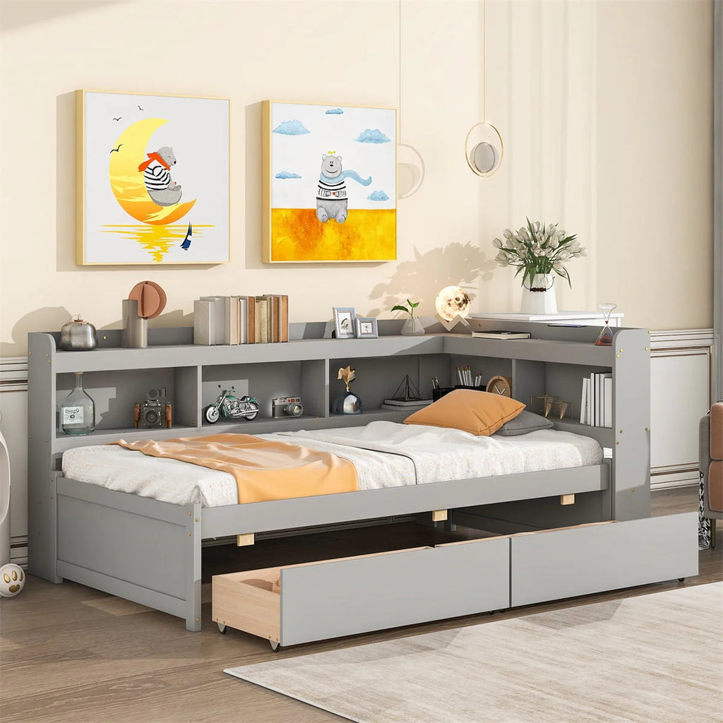 Twin Bed with L-Shaped Bookcases and Two Drawers,Solid Wood Platform Bed Frame with Bookcases Headboard and Wood Slats Support,Twin Size Daybed Frame for Bedroom Living Room,No Box Spring Needed,Gray