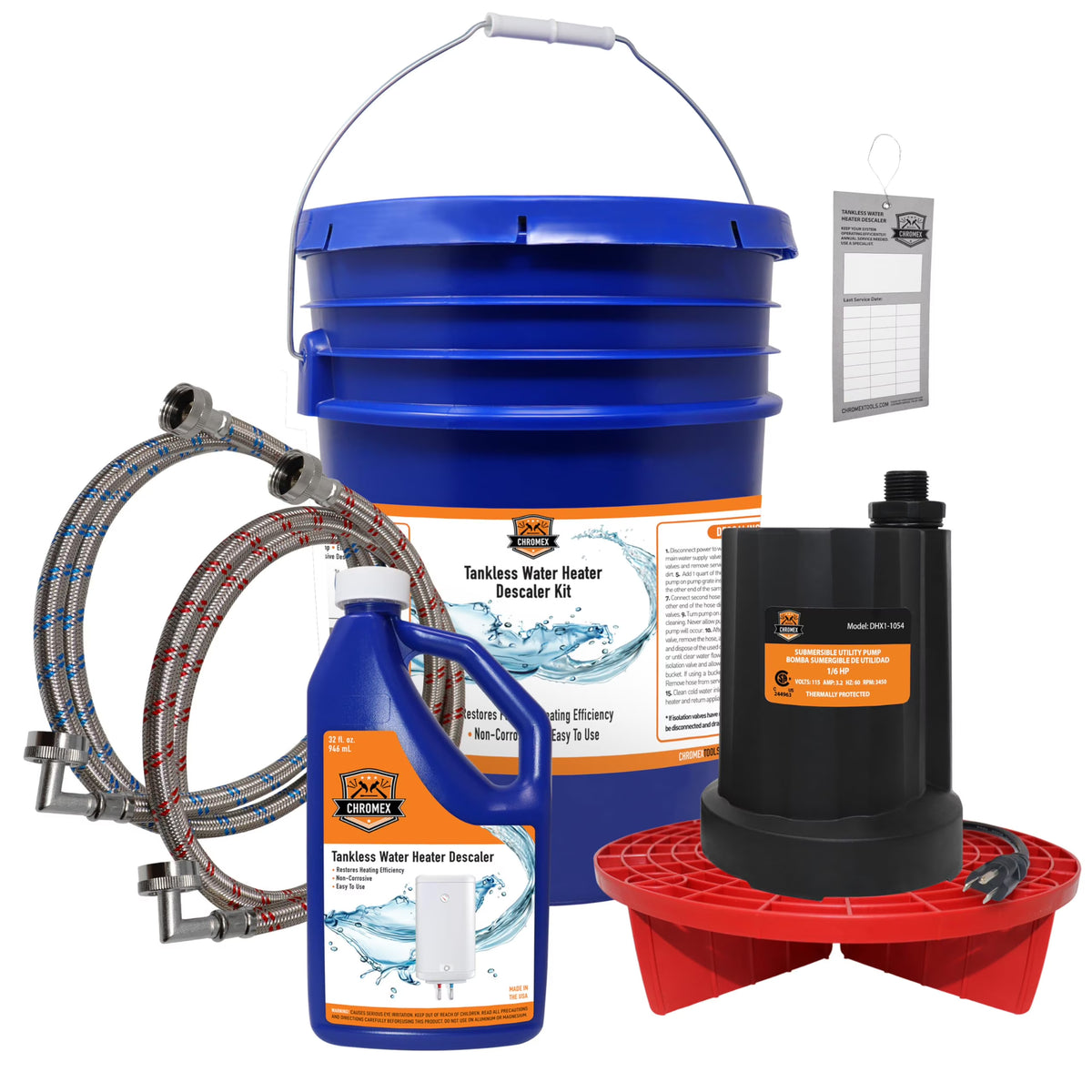 Chromex Tankless Water Heater Flush Kit with Certified Liquid Descaling Solution and Right Angle Inlet Hoses & 1/6HP Extra Strength Pump