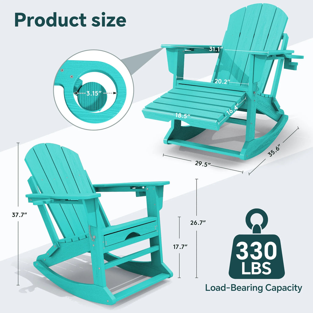 KINGYES Folding Adirondack Rocker Chair Set of 2 W/ Footrest & Dual Cup Holders, HDPE Outdoor Patio Rocking Chair, Black