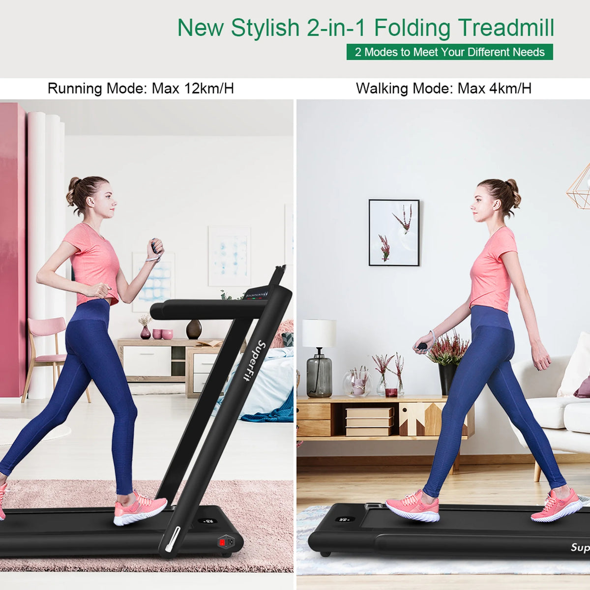 Gymax 2 in 1 Folding Treadmill 2.25HP Running Machine w/ Dual Display APP Control Black
