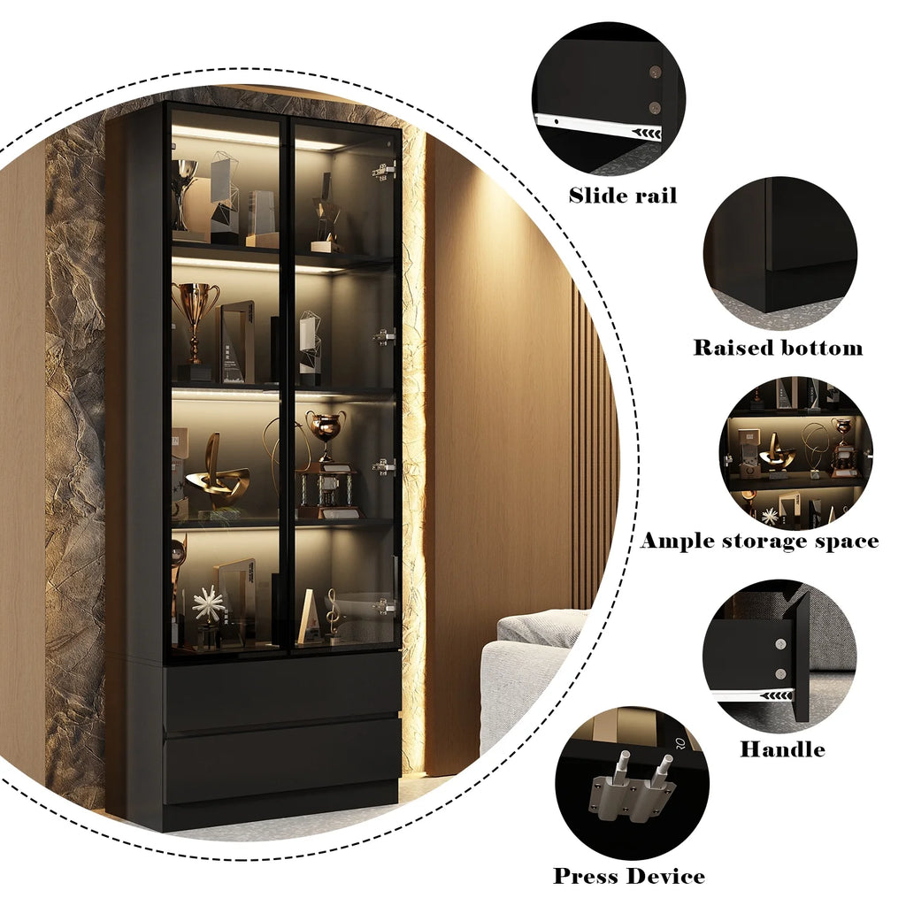 KULAGAGA Bookcases Organizer with LED Lights, Heavy Duty Display Cabinet with Glass Door for Living Room, 31.5" Wide