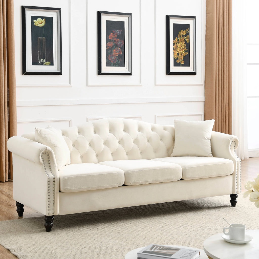 Chesterfield Upholstered Velvet Sofa, 3 Seater Button Tufted Couch with Nailhead Arms for Living Room Bedroom Office Apartment