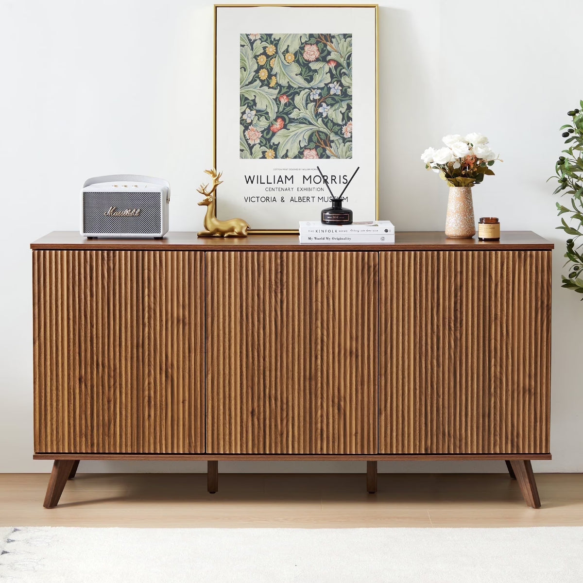 Wirrytor Sideboard Storage Cabinet with Doors and Shelves, Buffet Cabinet with Storage, Credenza Storage Cabinet for Kitchen, Wooden Fluted Cabinet, Under TV Cabinet with Storage - Black