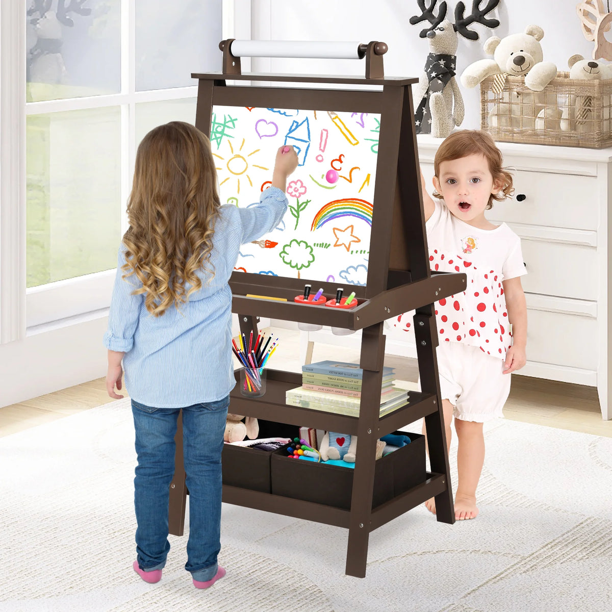 LINLUX 3 in 1 Art Easel for Kid, Whiteboard for Kid with Stand, Magnetic Chalkboard Pizarra, Grey