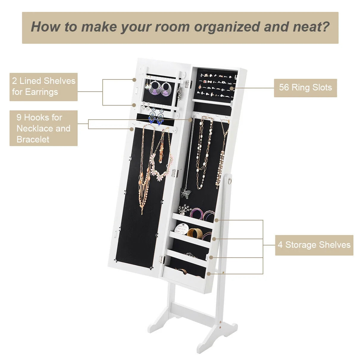 Costway Jewelry Mirrored Cabinet Armoire Organizer Storage Box w/ Stand Christmas Gift