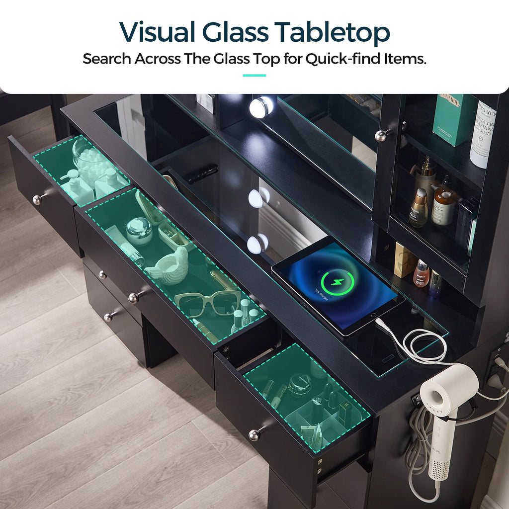 Linsy Home Large 47.2" Makeup Vanity With Mirror And 11 Lights, Glass Top Vanity Desk with 9 Drawers & 2 Adjustable Cabinets, Dressing Table with Charging Station & Hair Dryer Rack For Bedroom, White