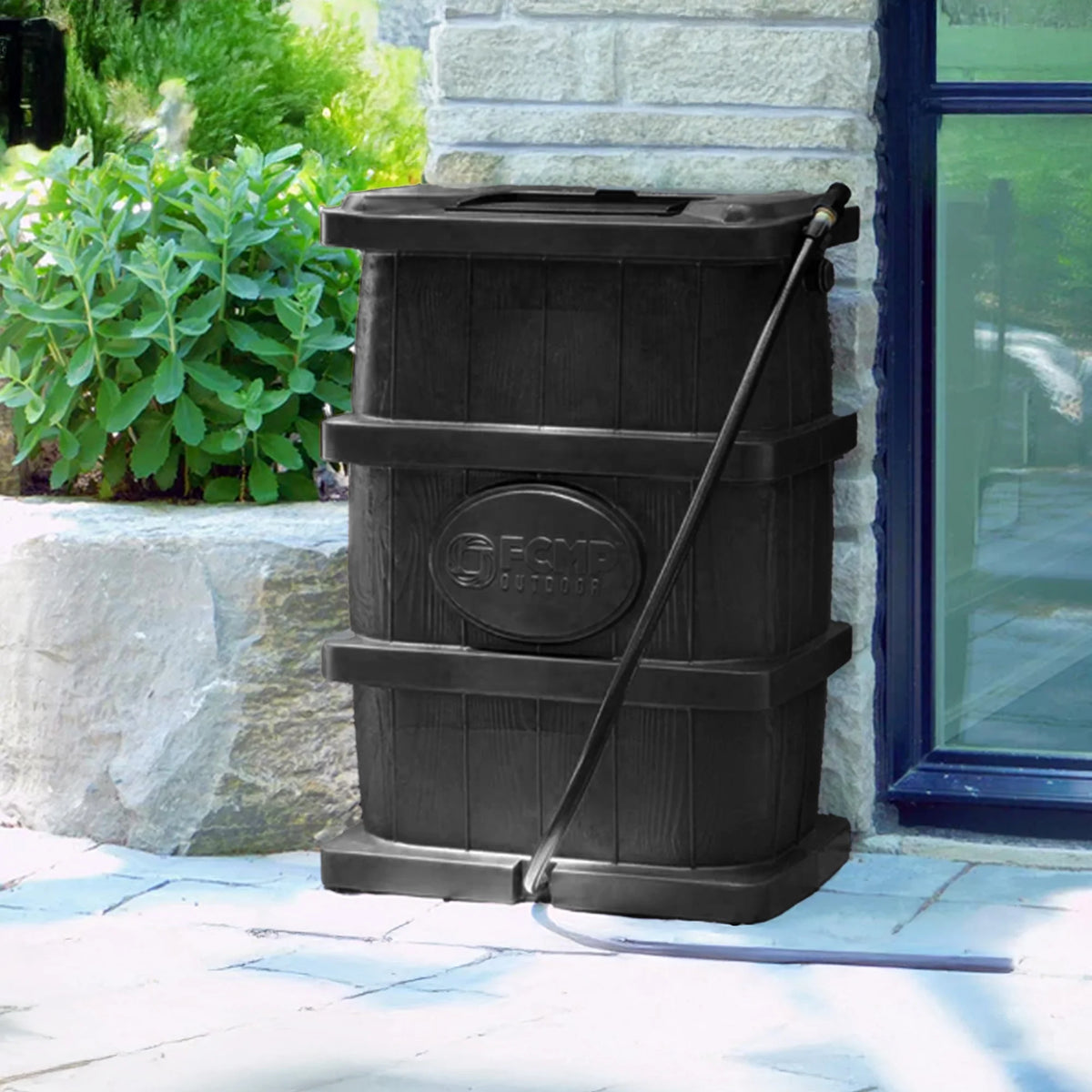 FCMP Outdoor WG4000-GRY Home Outdoor Wood Grain Rain Water Catcher Barrel