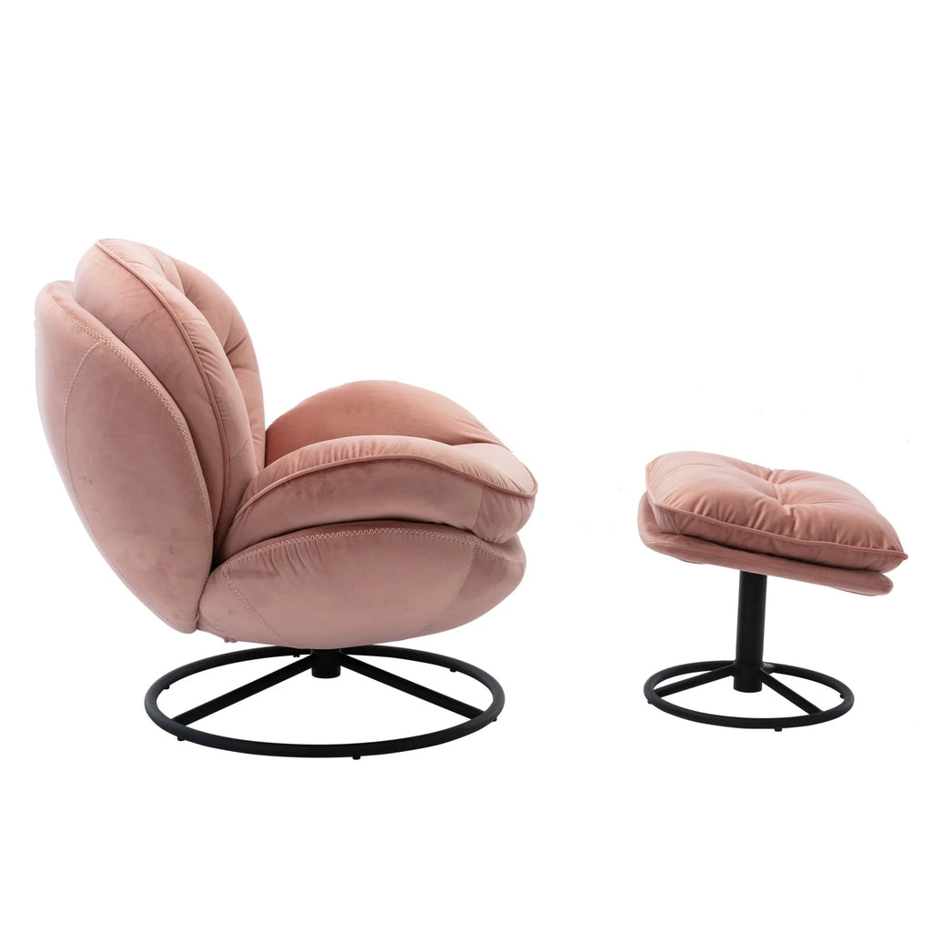 Velvet Swivel Accent Chair with Ottoman Set, Modern Tufted Armchair with Footrest for Living Room Reading TV Chairs for Adults, Comfy Chaise Lounge Chairs with 360 Degree Swiveling for Bedroom, Pink