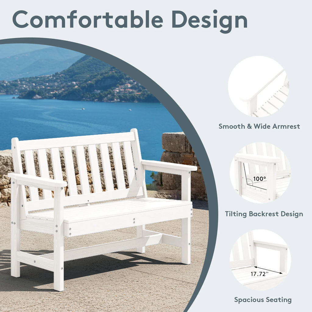 SERWALL Outdoor Bench for 2-Person, Weather-Resistant HDPE with Aluminum Reinforcement, Supports 660 lbs, Comfortable Seating for Patio, Garden, and Porch, Black