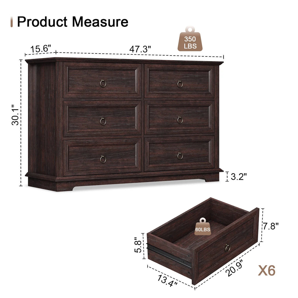 FAGAGA 6 Drawers Dresser for Living Room,Storage Cabinet Wooden Dressers Organizer for Bedroom,White