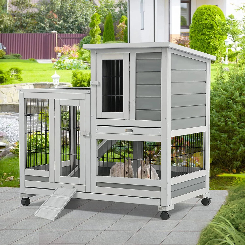 YODOLLA Indoor Rabbit Hutch Bunny Cage Large Pet House for Small Animal with Wheels