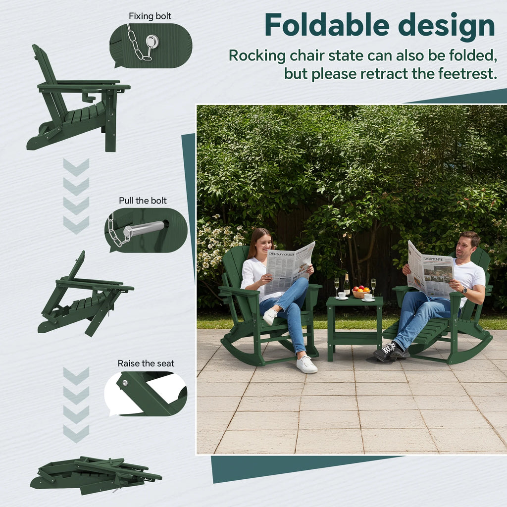 KINGYES Folding Adirondack Rocker Chair Set of 2 W/ Footrest & Dual Cup Holders, HDPE Outdoor Patio Rocking Chair, Black