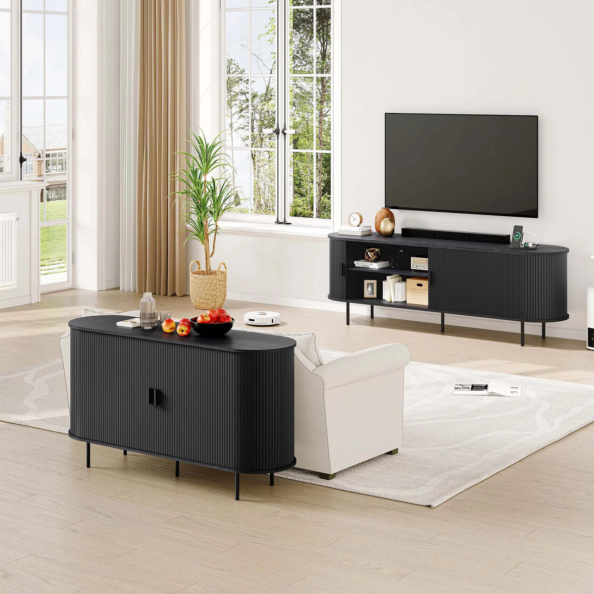 MARNUR 63" TV Stand for 70" TV, Wood Entertainment Center with Storage and Shelves, 2 Sliding Tambour Doors, Mid-Century Modern, Walnut
