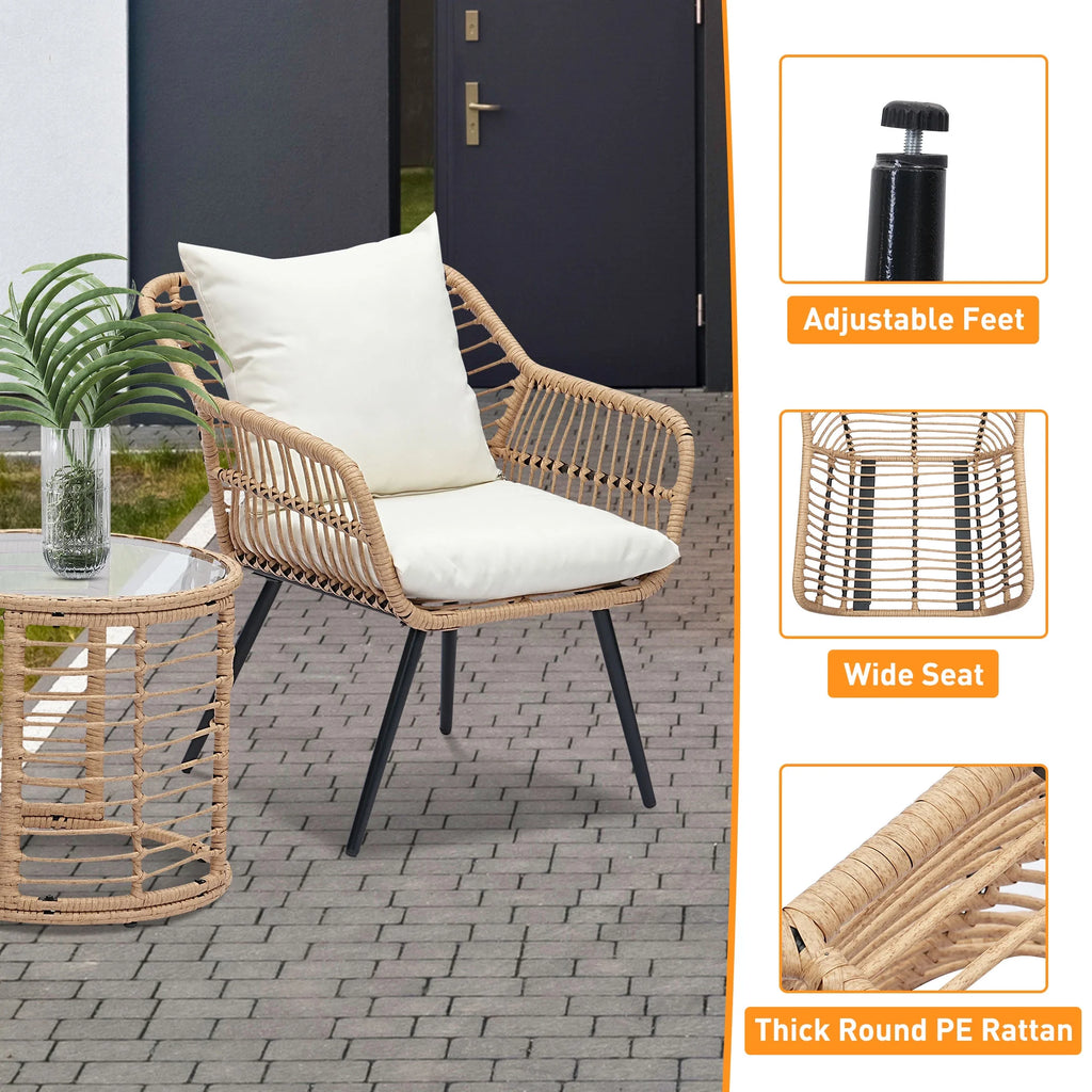 Ainfox 3-Piece Steel Outdoor Bistro Sets with Metal Chairs and Glass Top Table, Beige