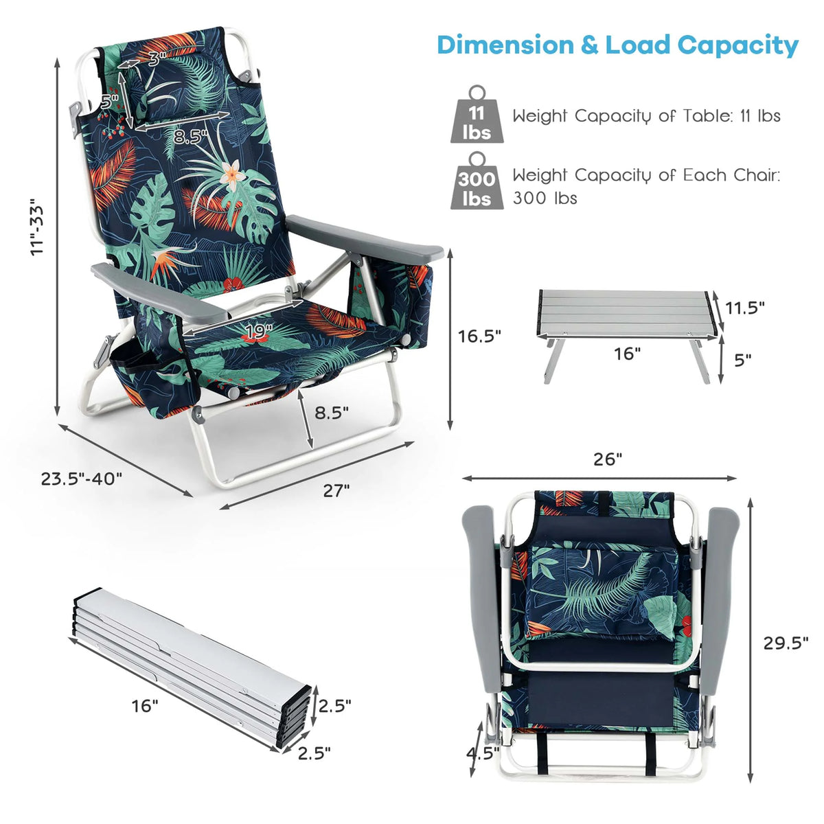 Costway 2-Pack Folding Backpack Beach Chair Table Set 5-Position Outdoor Reclining Chair Pink