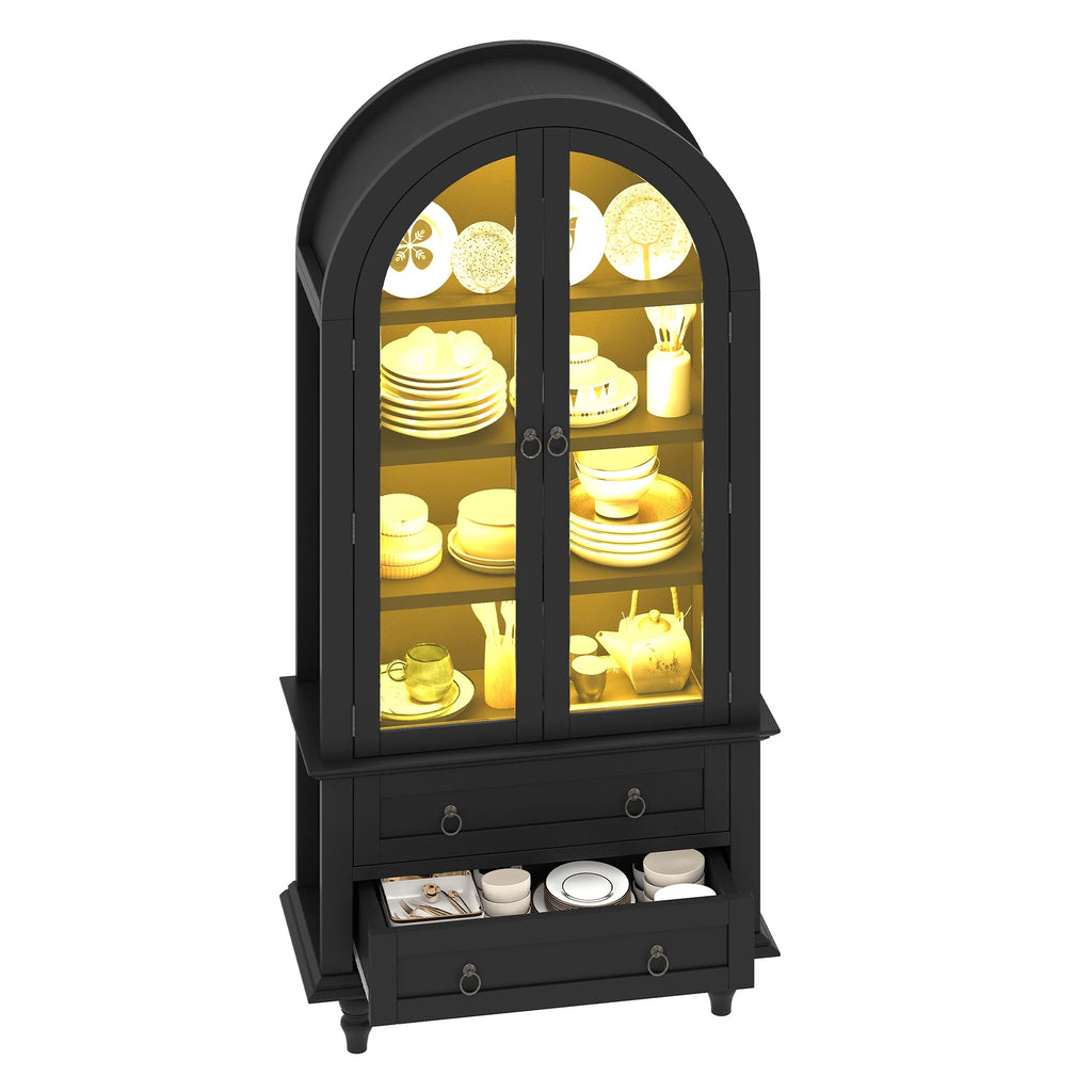 Uforic 73" Arched Pantry Cabinet with LED Light, Drawers, Shelves, Farmhouse Kitchen Storage, Black
