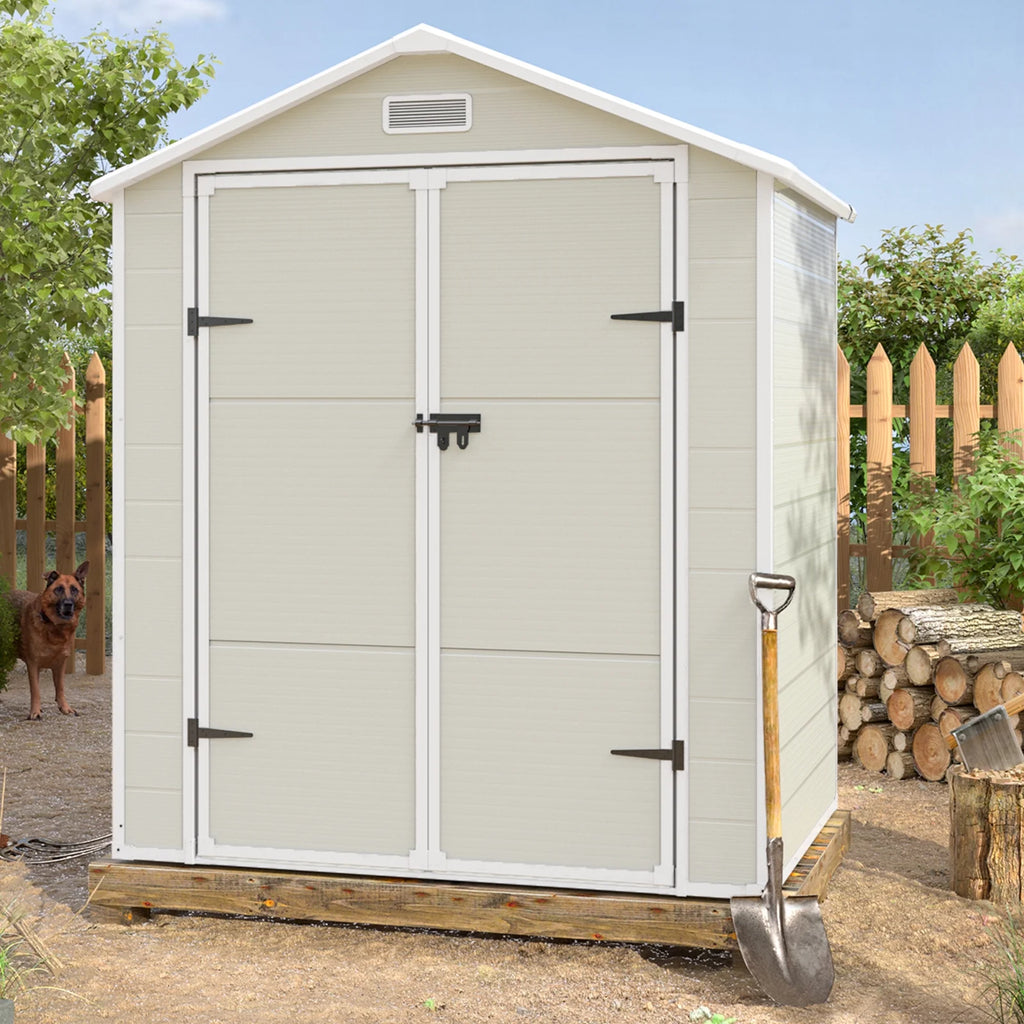ECOPATIO Outdoor Storage Shed 5x3 FT, Resin Garden Shed for Bike, Tool, Plastic Outside Sheds & Outdoor Storage Storage Box with Lockable Door for Backyard, Patio, Lawn, Sandstone