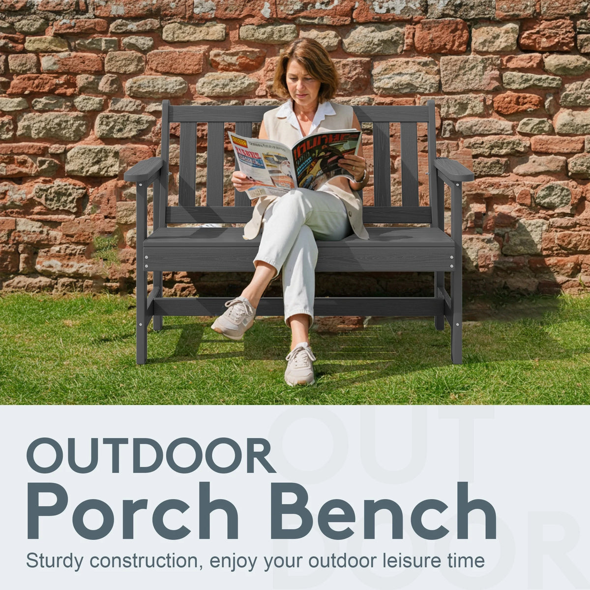 SERWALL Outdoor Bench for 2-Person, Weather-Resistant HDPE with Aluminum Reinforcement, Supports 660 lbs, Comfortable Seating for Patio, Garden, and Porch, Black