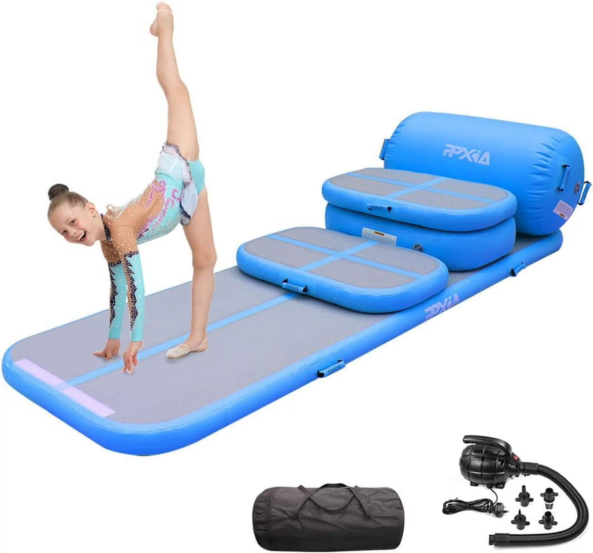 Gymnastics Mat Set 10FT Inflatable Tumbling Mat, 39*24 inch Air Roller Gymnastics Barrel and 3 Air Block with 800W Air Pump for Training Cheerleading Home Use Yoga and Water Use